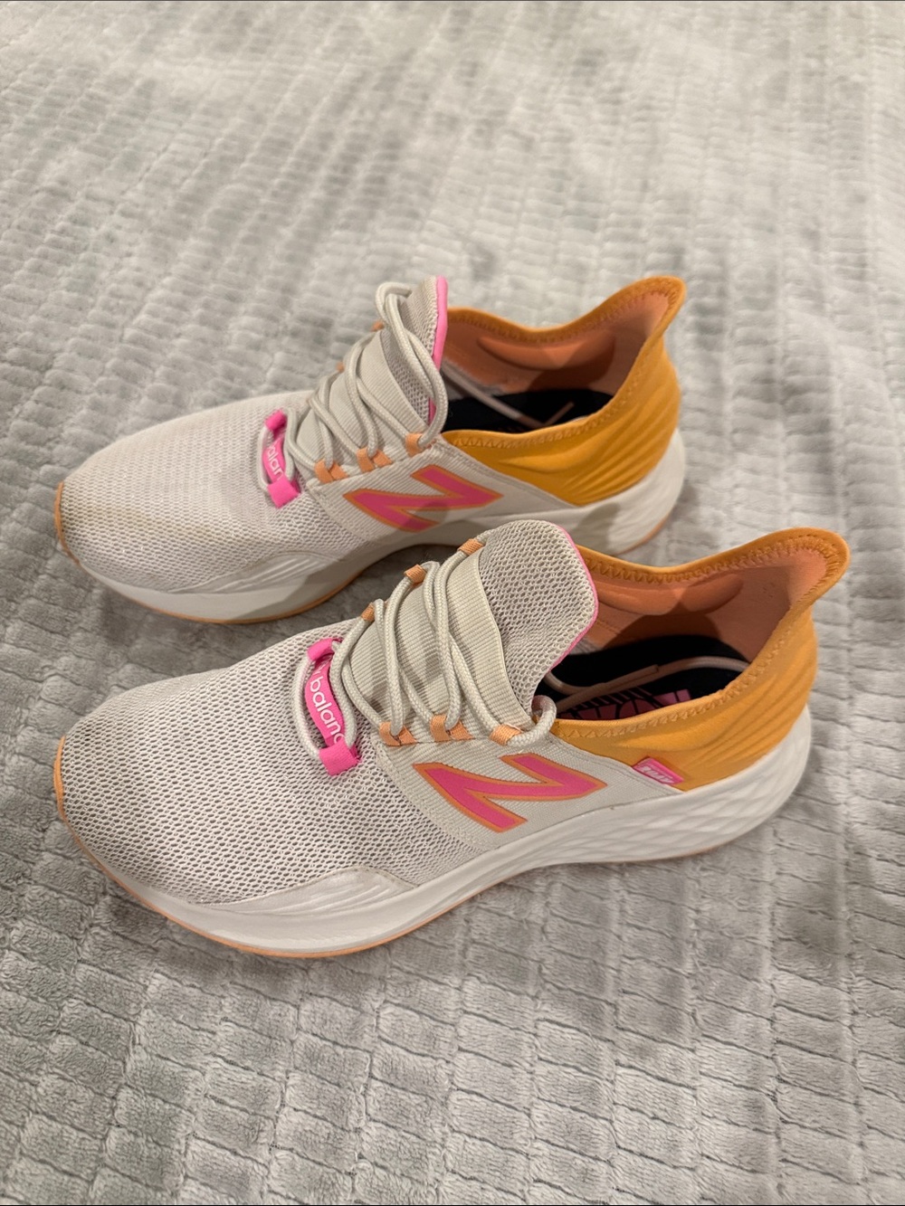 New Balance Beige Sneakers with Pink & Orange Accents